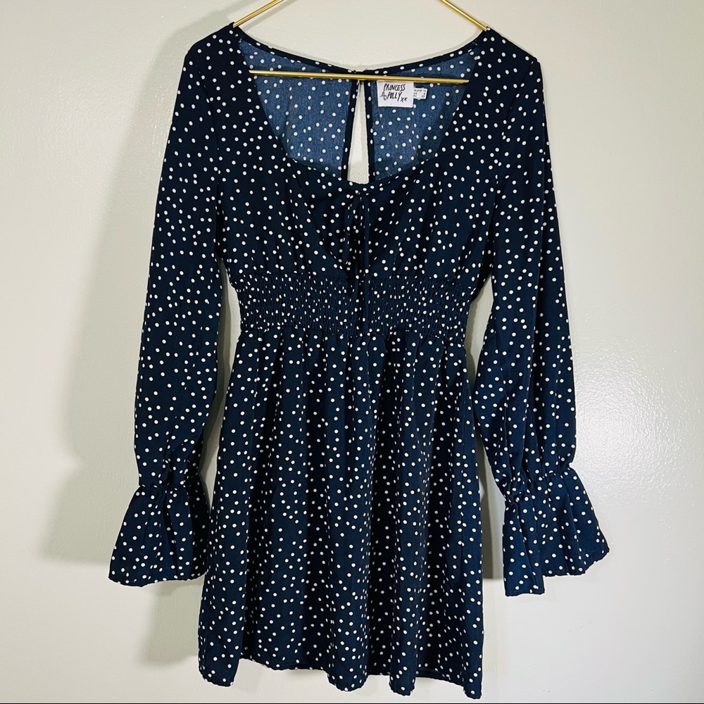 Princess Polly Boho Mini Vertigo Blues Polka Dot Long Sleeve Dress in Blue Sz 8